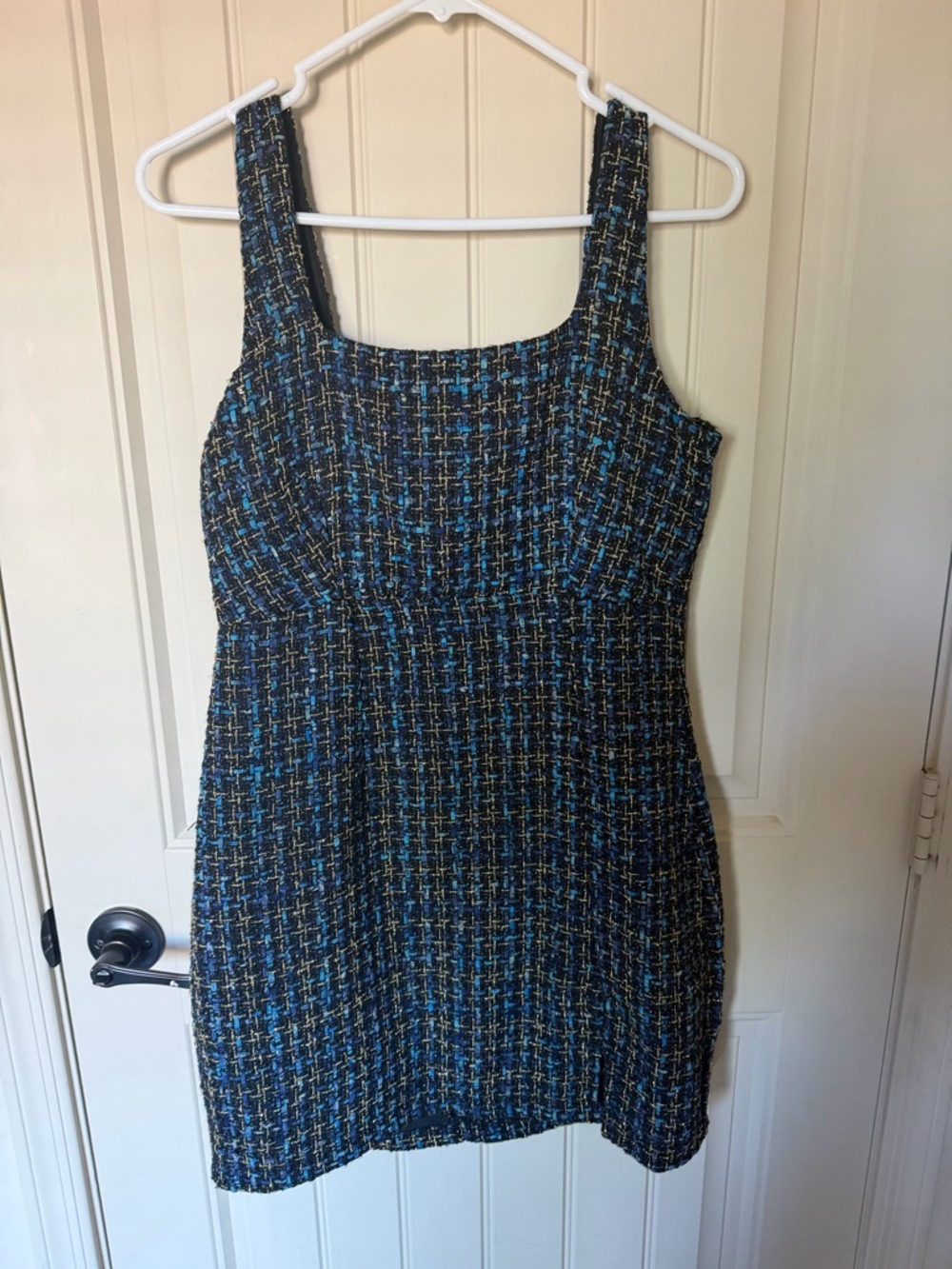 Sleeveless Tweed Shift Dress in Black and Blue